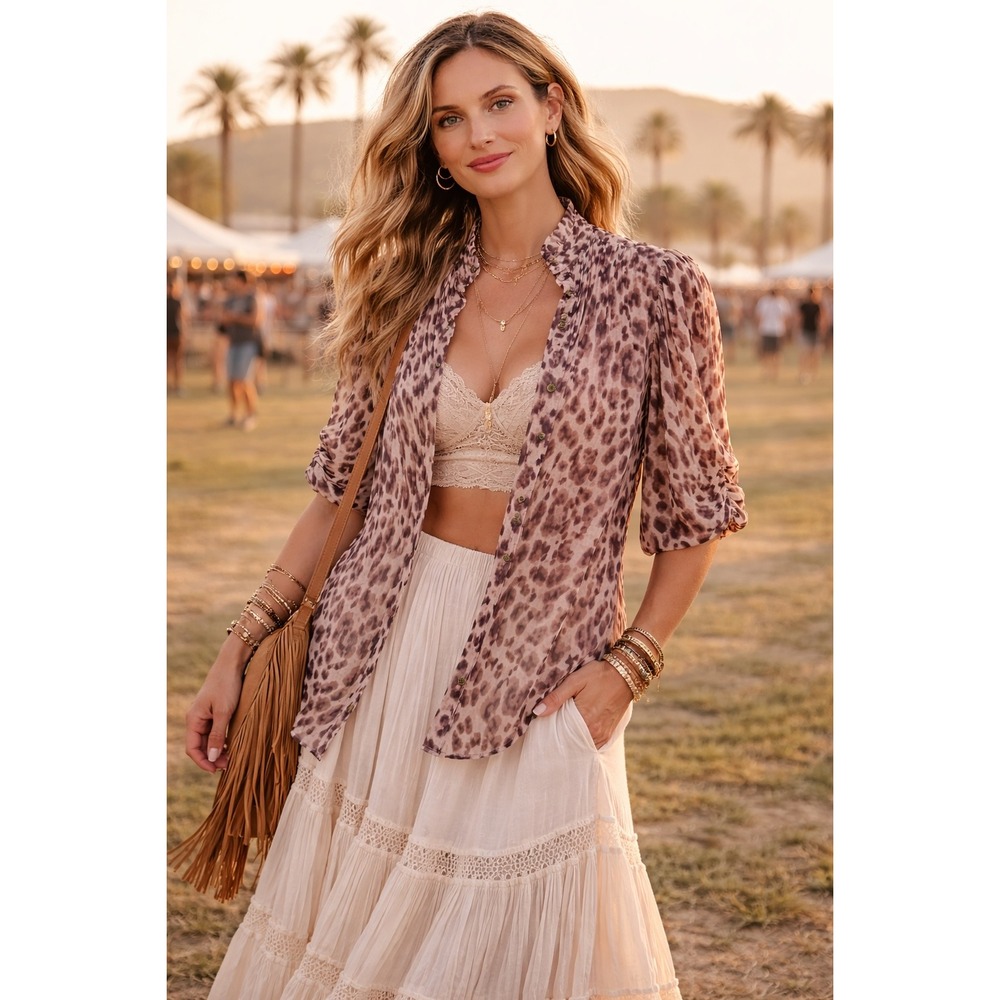 Maeve Anthropologie Susan Puff Sleeve Leopard Print Blouse Boho Romantic Top 12